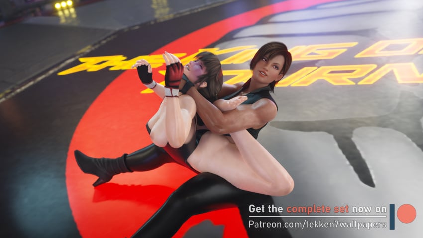 2girls 3d asphyxiation biceps black_gloves black_leggings black_nails boots brown_hair choke_hold choked dark-skinned_female dark_skin dead_or_alive feet fingerless_gloves gloves hitomi_(doa) koei_tecmo la_mariposa la_mariposa_(doa) latex leggings lisa_hamilton multiple_girls nail_polish nipple_slip nipples purple_eyes restrained smile strangling tekken7wallpapers toes