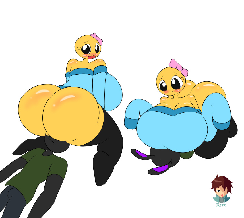 1boy 1boy1girl 1girls 2d bubble_butt bunny_boy bunny_ears cursed_emoji emoji_(race) facesitting fat_ass giant_breasts huge_ass huge_breasts notsosafeegg original_character oversized_clothes socks spread_legs sweater thick thick_thighs thigh_highs victor_(neonsuperstar) yellow-skinned_female yellow_body yellow_skin