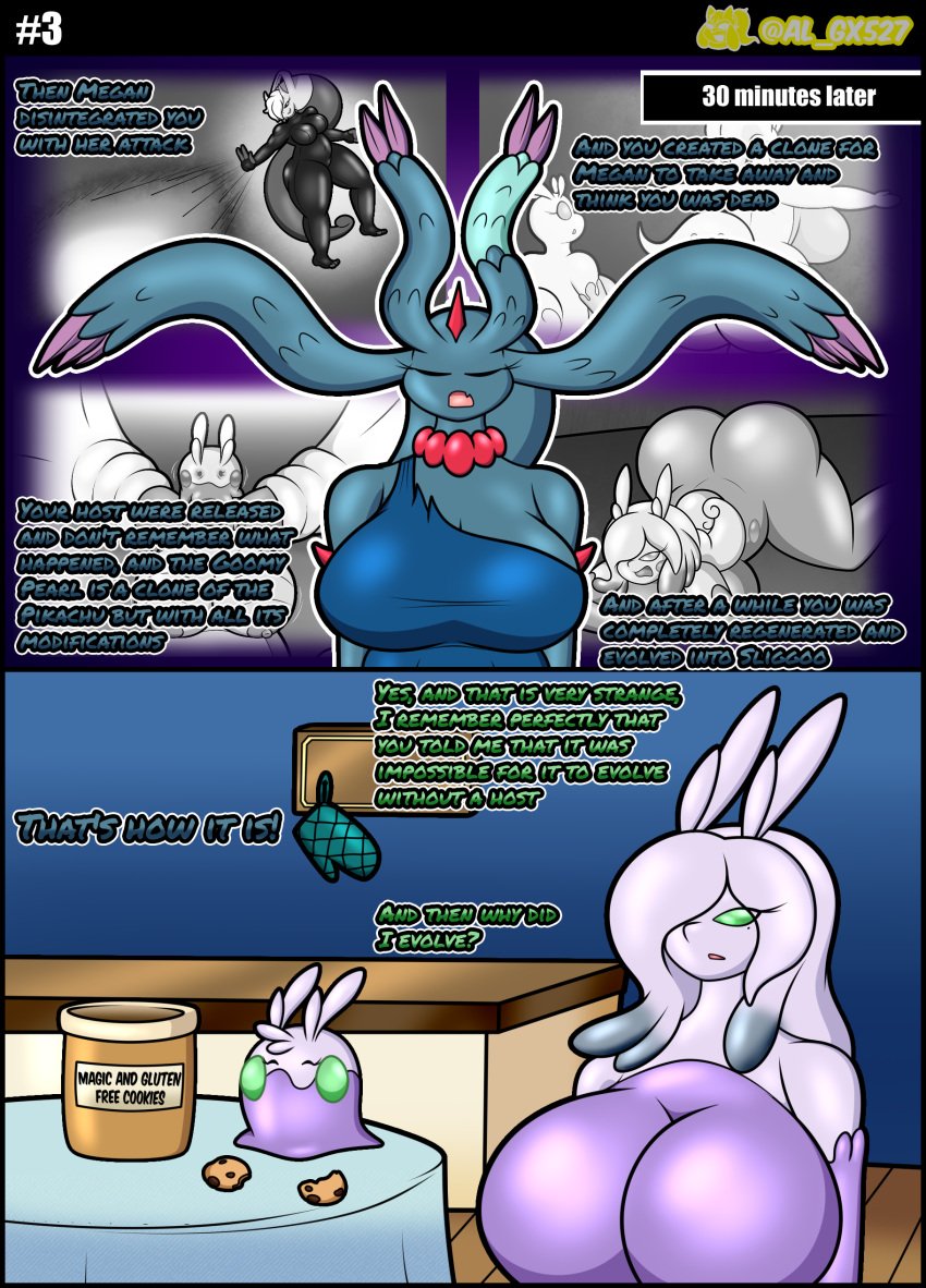 absurd_res al_gx ancient_pokemon anthro big_breasts blue_body bottomwear breasts casual_nudity clothing collar comic cookie daughter dialogue dragon eating english_text fan_character female feral flashback flutter_mane food generation_1_pokemon generation_6_pokemon generation_9_pokemon ghost goo_creature goomy grandmother grandparent hair hair_over_eye hi_res kitchen legendary_pokemon loincloth mature_female mega_evolution mega_mewtwo mega_mewtwo_y megan_(al_gx) mewtwo mother mother_and_child mother_and_daughter nintendo one_eye_obstructed opal_(al_gx) page_3 paradox_pokemon parent parent_and_child pearl_(al_gx) pokemon pokemon_(species) purple_body scales sliggoo slime spirit story text