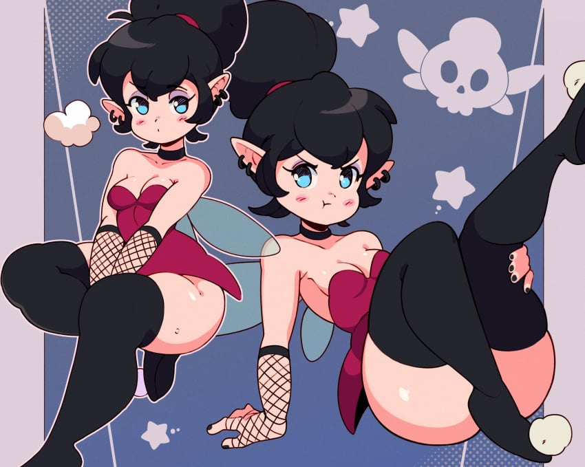 1girls :t adorable baby_face black_hair black_legwear blue_eyes blush cheek_spots choker cute cute_face disney dress earrings fairy fairy_wings female female_only fishnet_armwear fishnets goth hi_res jpeg legwear long_hair looking_at_viewer makeup peter_pan_(disney) pointy_ears pout solo thick_thighs tiaramisstsu tied_hair tinker_bell