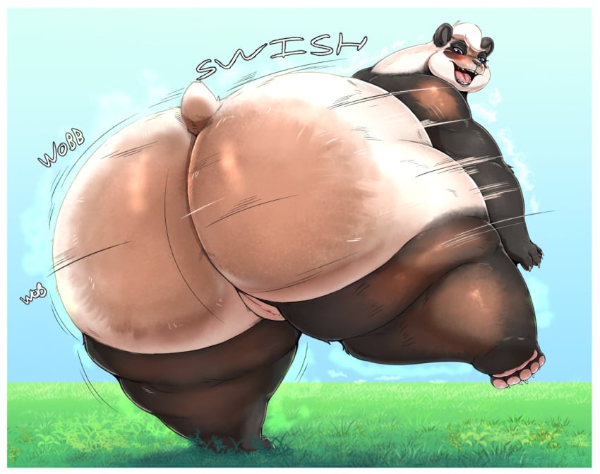 2023 anthro ass bear big_butt blue_eyes blush digital_media_(artwork) female genitals giant_panda gillpanda_(character) huge_butt huge_thighs human_to_anthro hyper hyper_butt looking_at_viewer mammal obese obese_female overweight overweight_female pussy rear_view shapeshifting solo soulman1 species_transformation thick_thighs transformation