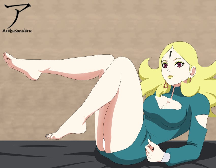 1girls arekusanderu bare_legs barefoot big_breasts boruto:_naruto_next_generations breasts center_opening delta_(boruto) dress earrings female female_only forehead_mark jewelry knees_up leaning_back lipstick long_hair looking_at_viewer makeup mascara messy messy_hair minidress naruto naruto_(series) no_bra partially_clothed pink_eyes sitting solo solo_focus thick_thighs underwear unusual_pupils yellow_hair