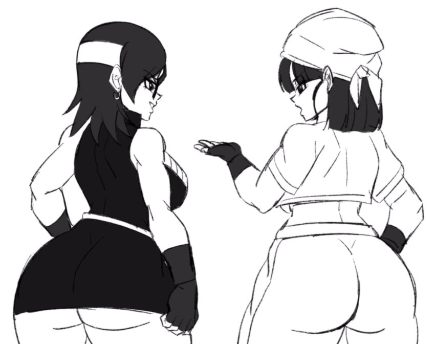 2girls ass back_view big_ass big_butt black_and_white boruto:_naruto_next_generations breasts bubble_ass bubble_butt crossover darwaarts dragon_ball dragon_ball_gt naruto naruto_(series) pan_(dragon_ball) sarada_uchiha thick_ass thick_butt