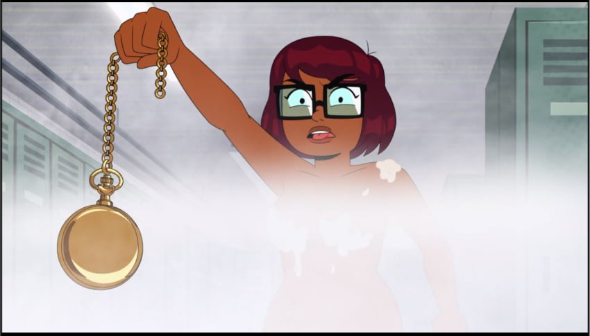 1girls accurate_art_style brown_hair casual censored censored_breasts dark-skinned_female dark_skin female glasses glasses_only human locker_room lockers naked naked_female nude nude_female pocket_watch public pursuit scooby-doo screencap screenshot short_hair shower shower_room soap soap_censor steam steam_censor velma_(series) velma_dinkley velma_dinkley_(velma)