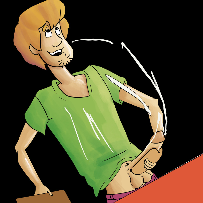 1boy black_background cartoon chair cock cum cum_on_shirt cum_on_upper_body cumshot dirty_blonde_hair eyes_rolling_back food food_play green_shirt hotdog male_only masturbation purple_pants scooby-doo scooby-doo_(series) shaggy_rogers slim solo solo_male table toony tv_show