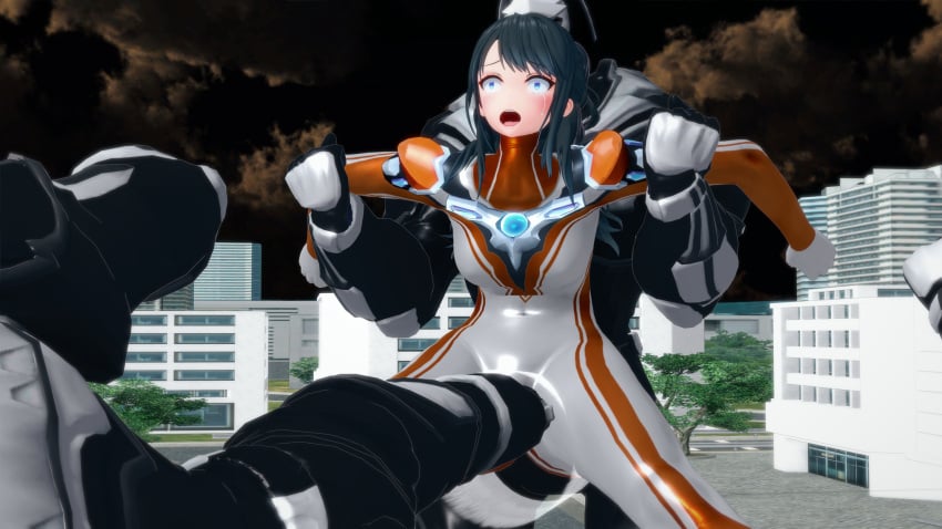 3d arm_holding crotch_kick cunt_punt cuntbusting defeated defeated_heroine minato_asahi_(grigio) mmd restrained shocked_expression ultraman_(franchise) ultrawoman_grigio