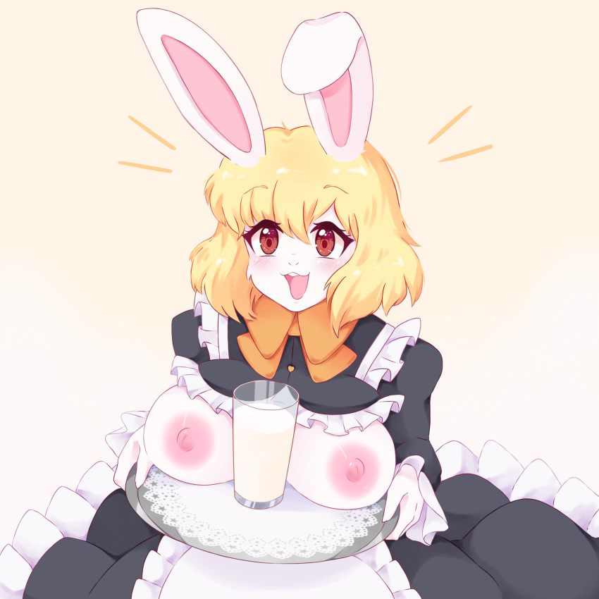 anthro big_breasts blonde_hair breasts carrot_(one_piece) clothing cum_in_a_cup female female_only hair hi_res inosagi lagomorph leporid maid_uniform mammal one_piece orange_ribbon rabbit ribbons solo uniform