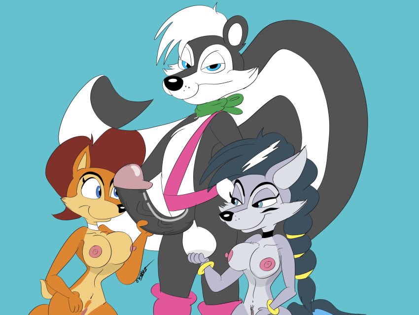 absurd_res anthro archie_comics ball_grab balls big_breasts breasts canid canine canis chipmunk female genitals geoffrey_st_john ground_squirrel group hi_res large_breasts lupe_the_wolf male male/female mammal mephitid penis penis_grab rodent sally_acorn sciurid sega skunk sonic_(series) sonic_the_hedgehog_(archie) sonic_the_hedgehog_(comics) sonic_the_hedgehog_(series) teasing threesome wolf