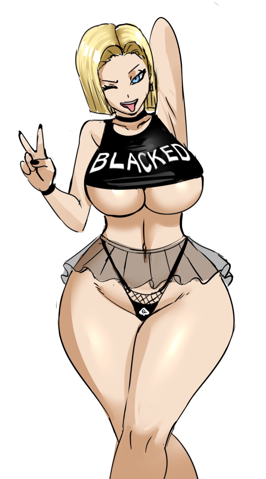 1girls android_18 black_nails blacked blacked_clothing blonde_hair blue_eyes dragon_ball dragon_ball_super dragon_ball_z female female_only gtsn17 light-skinned_female light_skin nail_polish plain_background qos qos_clothing queen_of_spades queen_of_spades_symbol solo spade_panties thick_thighs thong tongue_out topwear transparent_clothing underboob v white_background wide_hips wink