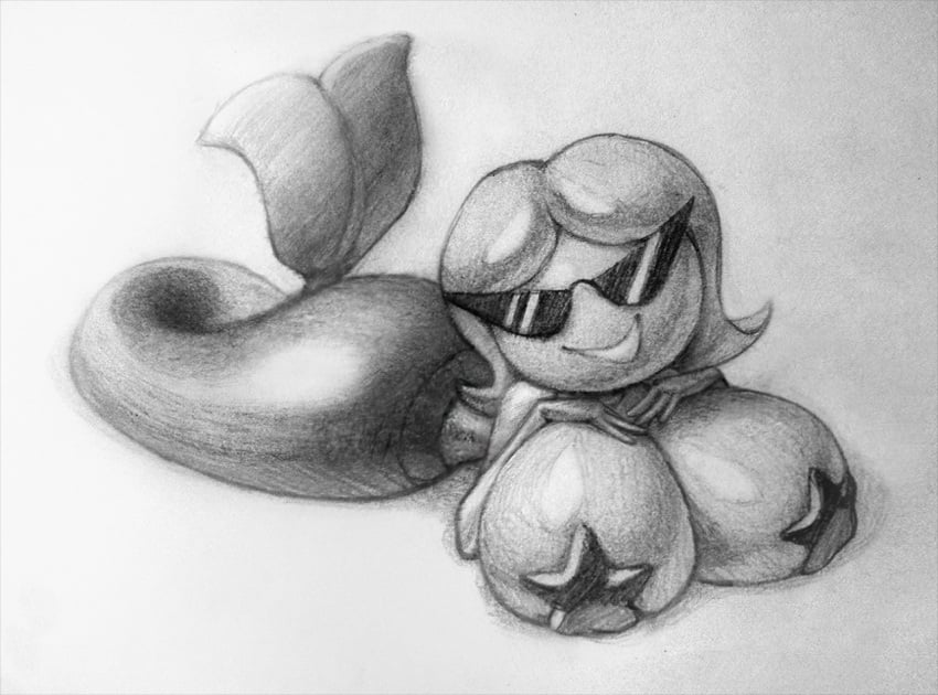 1girls anthro big_breasts colorless female full_body greyscale grin knick_knack mermaid monochrome nipples_covered no_humans pasties pixar sketch smile solo star_pasties starfish starfish_pasties sunglasses sunny_atlantis traditional_media