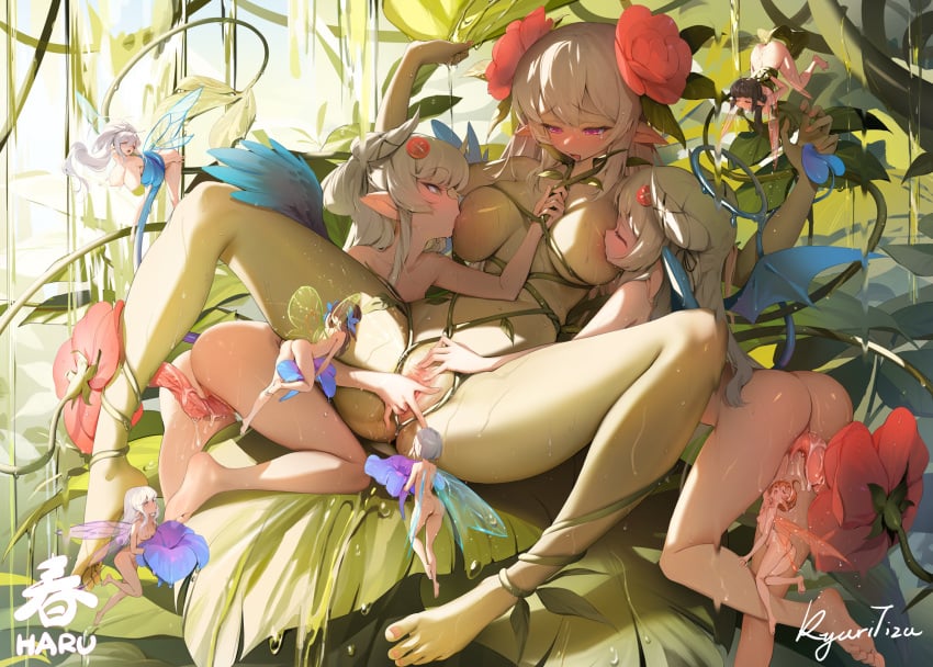 6+girls alraune ass barefoot breast_sucking breasts colored_skin completely_nude demon_girl demon_horns demon_tail demon_wings double_breast_sucking fairy fairy_wings feet fingering flower green_skin grey_hair group_sex hair_horns highres horns kyuri_tizu large_breasts minigirl monster_girl multiple_girls nude orgy original plant plant_girl pointy_ears pussy pussy_juice small_breasts spread_legs sweat tail tentacle uncensored vaginal_penetration vines water wet wings yuri