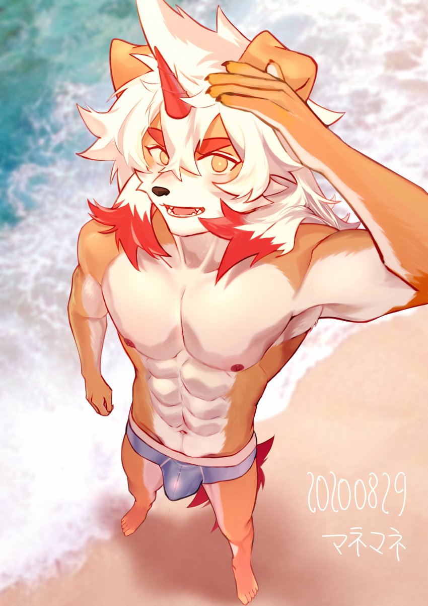 2020 absurd_res anthro areola arknights athletic athletic_anthro athletic_male beach black_nose bulge canid canine canis clothing domestic_dog feet fur furry hair hi_res horn humanoid_feet hung_(arknights) hypergryph looking_at_viewer male male_focus mammal multicolored_body multicolored_fur multicolored_hair muscular muscular_anthro muscular_male omedemidori plantigrade red_hair red_horn sand sea seaside solo studio_montagne swimwear tan_body tan_fur two_tone_body two_tone_fur two_tone_hair water white_body white_fur white_hair