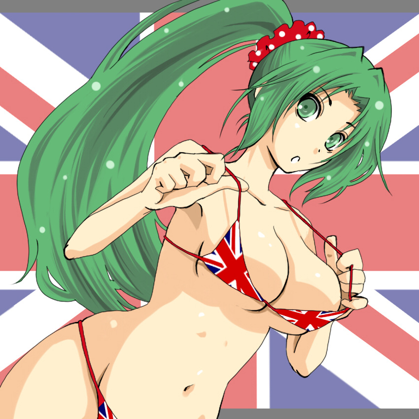 07th_expansion 1girls adjusting_clothes adjusting_swimsuit big_breasts bikini bikini_pull breasts british busty cleavage clothes_pull female female_only flag_print green_eyes green_hair hair_ornament highres higurashi_no_naku_koro_ni kasetsu large_breasts mion_sonozaki navel ponytail solo swimsuit union_jack voluptuous