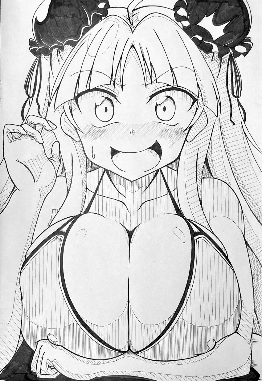 1girls bangs blush bra cleavage collarbone embarrassed eyebrows_visible_through_hair female front_view ha_jin hair_ornament holding_breast huge_breasts light-skinned_female light_skin looking_at_viewer monochrome nipple_bulge open_mouth parted_bangs pencil_(artwork) renka_(senran_kagura) senran_kagura sidelocks simple_background solo surprised sweatdrop very_long_hair white_background