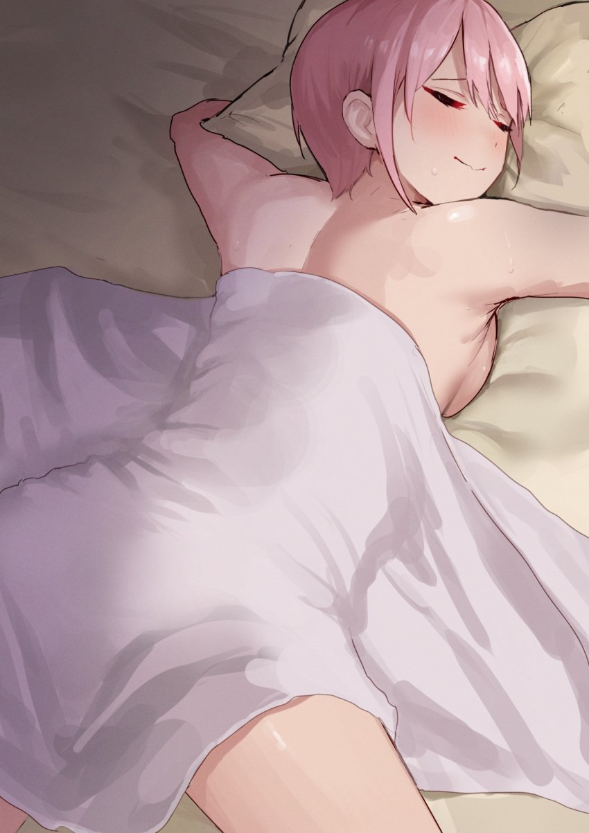 amog back backboob bangs bed_sheet blush breasts closed_eyes closed_mouth completely_nude female go-toubun_no_hanayome head_on_pillow highres lying nakano_ichika naked nude nude_female object_hug on_stomach pillow pillow_hug pink_hair short_hair sleeping sleeping_nude smile solo sweat under_covers wavy_mouth