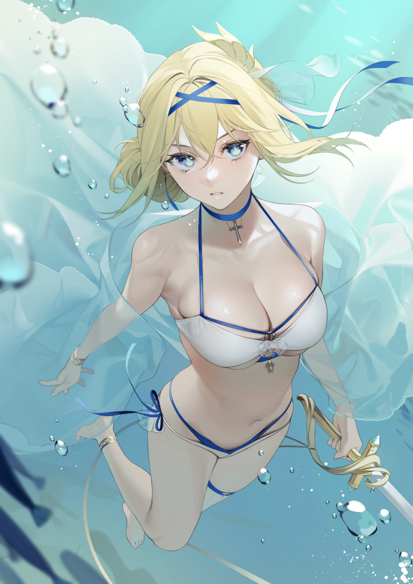 1girls azur_lane bare_shoulders barefoot bikini blonde_hair blue_choker blue_eyes breasts choker cleavage female female_only freediving highres jeanne_d'arc_(azur_lane) jeanne_d'arc_(movie_set_saintess)_(azur_lane) layered_bikini long_hair looking_at_viewer medium_breasts navel official_alternate_costume ohisashiburi rapier see-through side-tie_bikini_bottom solo swimsuit sword thigh_strap thighs underwater underwear water white_bikini