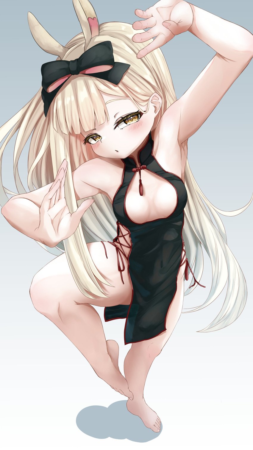 1girl animal_ears armpits arms_up bangs bare_arms bare_legs bare_shoulders barefoot black_bow black_dress blonde_hair blush bow breasts bunny_ears bunny_girl china_dress chinese_clothes cleavage_cutout dress eyebrows_visible_through_hair female_only full_body gradient gradient_background grey_background hair_bow long_hair looking_at_viewer no_panties pelvic_curtain ponytail sleeveless sleeveless_dress small_breasts solo standing standing_on_one_leg striped vertical_stripes very_long_hair virtual_youtuber vyugen yellow_eyes yenko