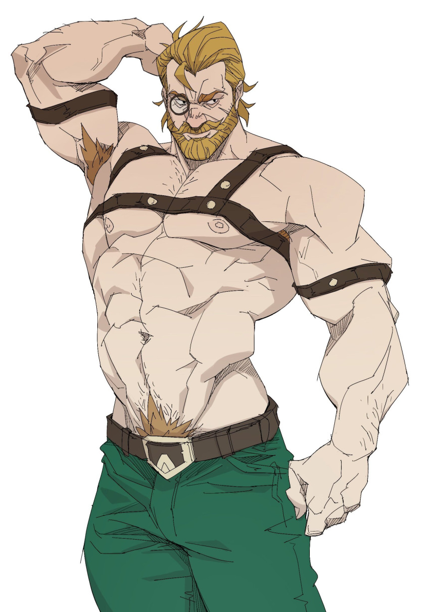 1boy 1male abs bak60653570 beard cyrus_(genshin_impact) daddy facial_hair gay genshin_impact hand_on_head large_pectorals male male_only monocle muscle muscles muscular muscular_arms nipples pants pecs pectorals shirtless zoisek