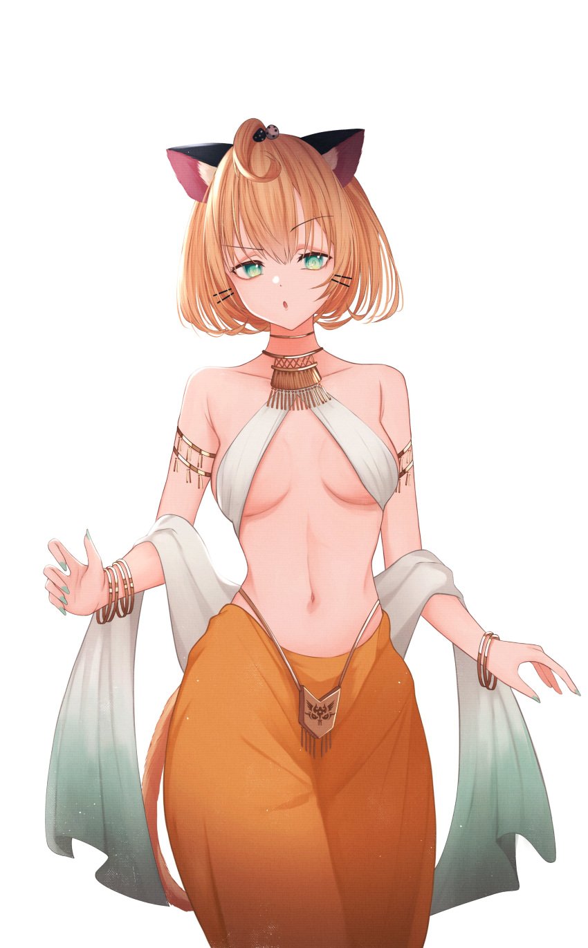 1girls ahoge animal_ears bare_midriff bare_shoulders belly_button belly_dancer_outfit big_pants blonde_hair blue_green_eyes bob_cut bracelets cat_ears exposed_shoulders hair_accessory hairclip harem_outfit hi_res highres medium_breasts midriff millie_parfait nail_polish navel neckwear nijisanji nijisanji_en pale_skin pants parkiranhonda raised_eyebrow short_hair solo solo_female solo_focus virtual_youtuber white_background yellow_hair