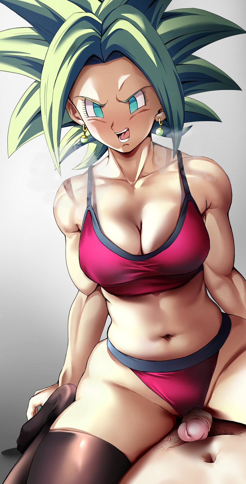 1boy 1girls dragon_ball dragon_ball_super green_hair head-cha-la kefla legendary_super_saiyan muscles muscular_female penis potara_earrings potara_fusion saiyan super_saiyan