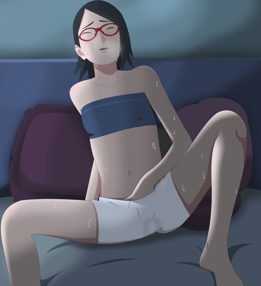 1girls 2020s 2023 accurate_art_style ahe_gao alternate_version_available anime bare_shoulders barefoot bedroom blush boruto:_naruto_next_generations closed_eyes clothed_masturbation clothing female female_ejaculation female_only fingering fingering_pussy fingering_self fingering_under_clothes flat_chest front_view glasses hand_in_bottomwear hand_under_clothes heroine horny horny_female indoors legs_apart light-skinned_female light_skin manga masturbating masturbation midriff moaning moderate_tomboy naruto naruto_(series) on_bed optimystic pajama_shorts petite petite_body pleasuring_self pussy_juice pussy_juice_trail sarada_uchiha shorts sitting sitting_on_bed small_breasts solo solo_female solo_focus spread_legs squirting squirting_in_bottomwear sweat sweatdrop sweaty_tomboy teenage_girl teenager tomboy tubetop wet wet_clothes wet_pussy white_bottomwear