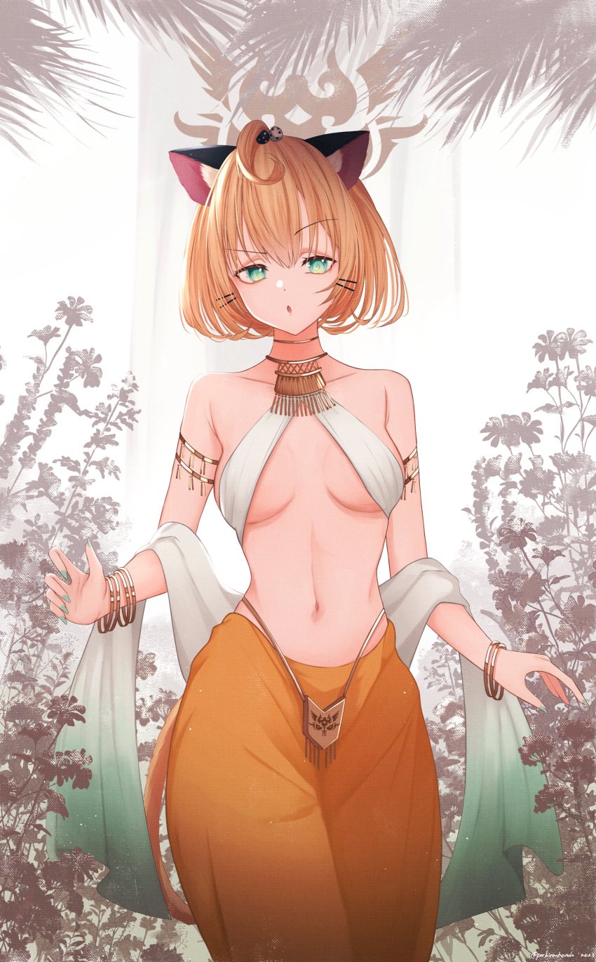 1girls ahoge animal_ears bare_midriff bare_shoulders belly_button belly_dancer_outfit big_pants blonde_hair blue_green_eyes bob_cut bracelets cat_ears exposed_shoulders hair_accessory hairclip harem_outfit hi_res highres medium_breasts midriff millie_parfait nail_polish navel neckwear nijisanji nijisanji_en pale_skin pants parkiranhonda raised_eyebrow short_hair solo solo_female solo_focus virtual_youtuber yellow_hair