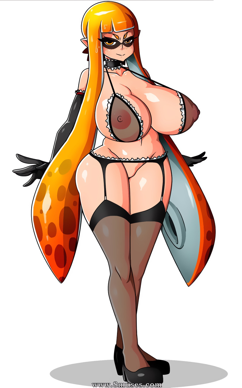 big_ass big_breasts edit edited female inkling inkling_girl lingerie looking_at_viewer maid_lingerie orange_hair piercing seductive_look seductive_smile splatoon stockings thighhighs upscaled witchking00