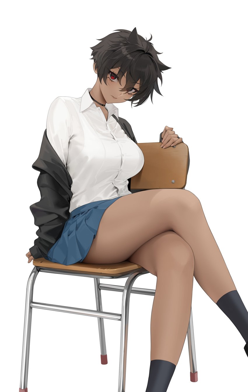 1girls bangs bare_legs black_choker blue_skirt breasts choker crossed_legs dark-skinned_female dark_hair female female_focus hair_between_eyes hair_ears highres large_breasts legs long_sleeves looking_at_viewer micchan_(ohisashiburi) ohisashiburi open_hoodie original original_character red_eyes school_uniform short_hair sitting skirt slit_pupils thick_thighs thighs tomboy very_short_hair white_background white_shirt