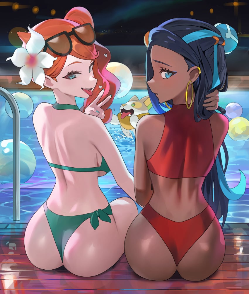 2girls aqua_eyes ass bikini black_hair blue_eyes brown_skin bubble_butt chocolate_and_vanilla clothing dark-skinned_female dark_skin double_ass_focus female female_focus female_only flower_hair_ornament glasses glasses_on_head high_resolution hood_x_art large_ass light-skinned_female light_skin long_hair multiple_girls nessa_(pokemon) nintendo outdoors peace_sign png pokemon pokemon_(species) pokemon_ss sitting sonia_(pokemon) water yamper