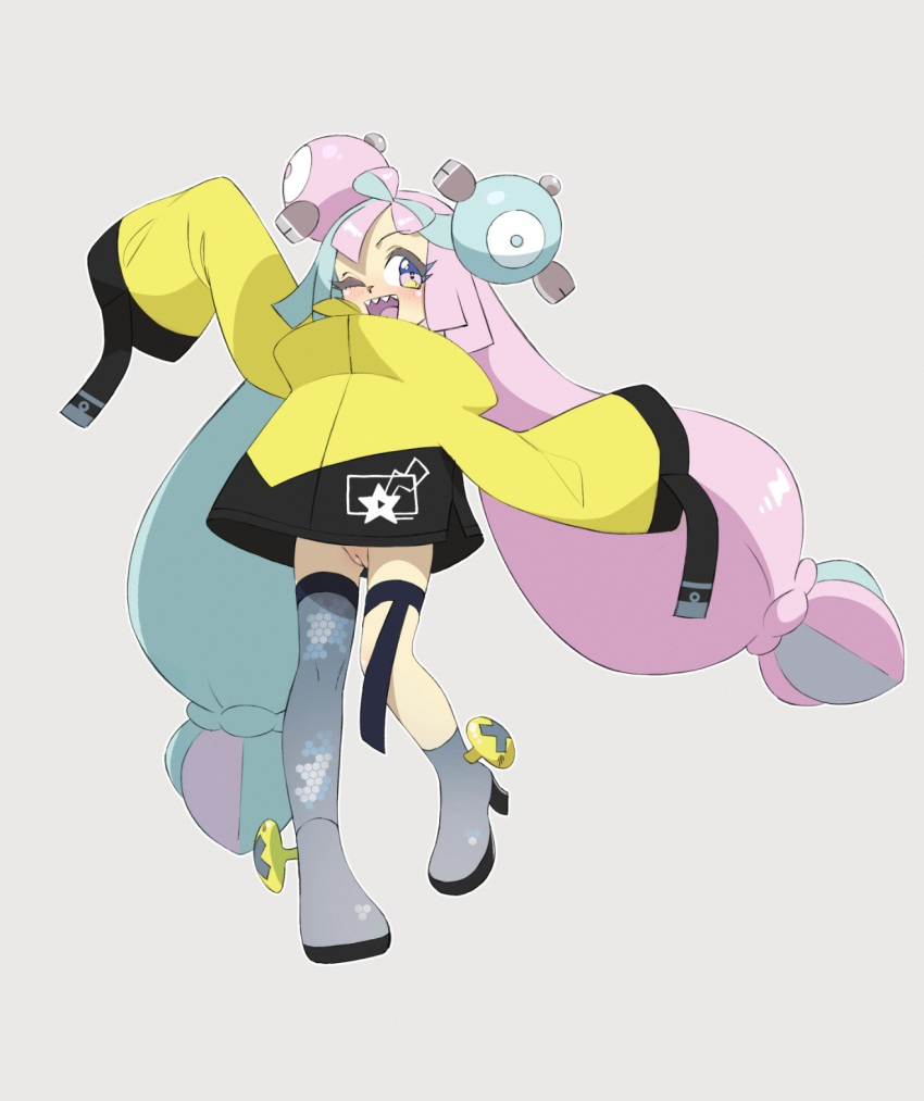 :d blue_hair blunt_ends blush boots collared_jacket commentary eyelashes female full_body grey_background grey_footwear grey_thighhighs high_heels highres iono_(pokemon) long_hair magnemite_hairclips multicolored_hair nintendo no_panties one_eye_closed open_mouth pink_hair pokémon_(species) pokemon pokemon_(game) pokemon_sv print_thighhighs pussy sharp_teeth simple_background single_thighhigh sleeves_past_wrists smile solo standing standing_on_one_leg tareme teeth thighhighs twintails two-tone_hair uncensored very_long_hair yokappa_(jokappa)