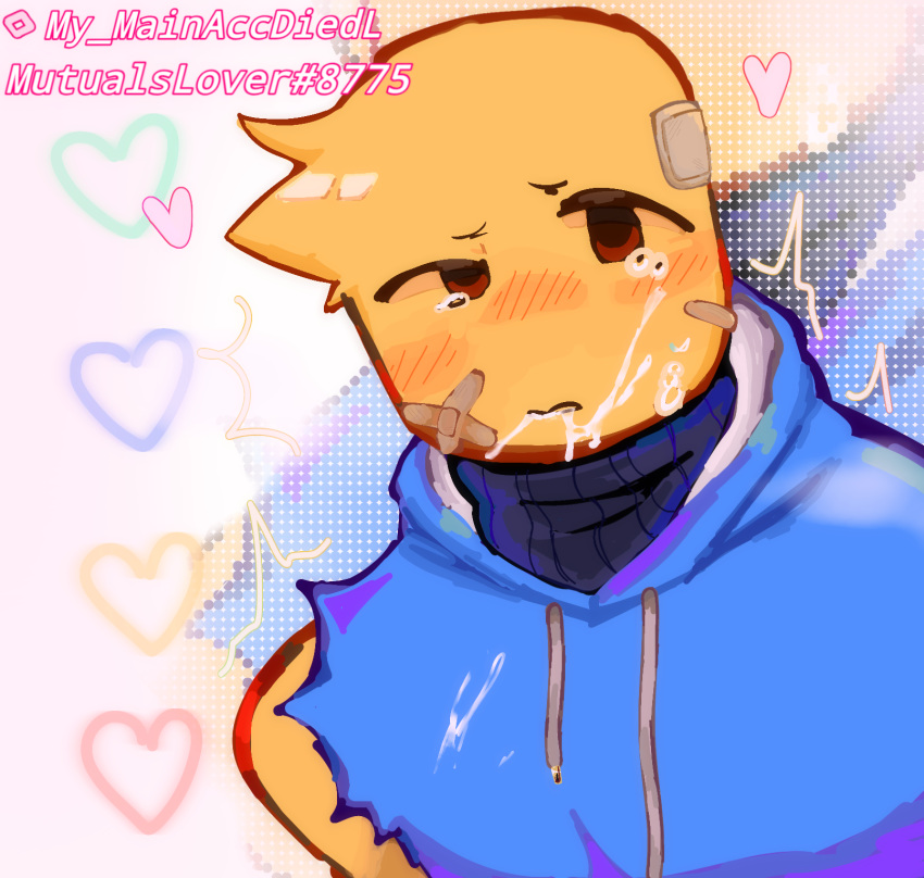 1boy 2d 2d_(artwork) 2d_artwork awkwardnesss bandages bandaid_on_nose black_turtleneck blue_hoodie boss_fighting_stages clothes_on crying cum_in_mouth digital_art digital_drawing digital_drawing_(artwork) digital_media digital_media_(artwork) digital_painting_(artwork) discord_tag gay hair_tuft hi_res high_resolution highres male male_only roblox roblox_avatar roblox_game robloxian shaking_lines slicer tears yellow_skin