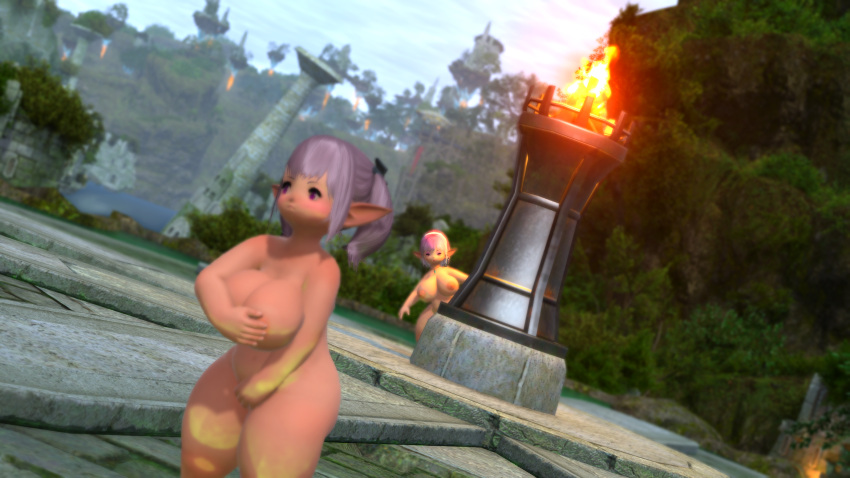 2girls bbw big_ass big_breasts blurry blurry_background chubby_female female female_only final_fantasy final_fantasy_xiv lalafell multiple_girls no_bra no_panties shortstack tataru_taru