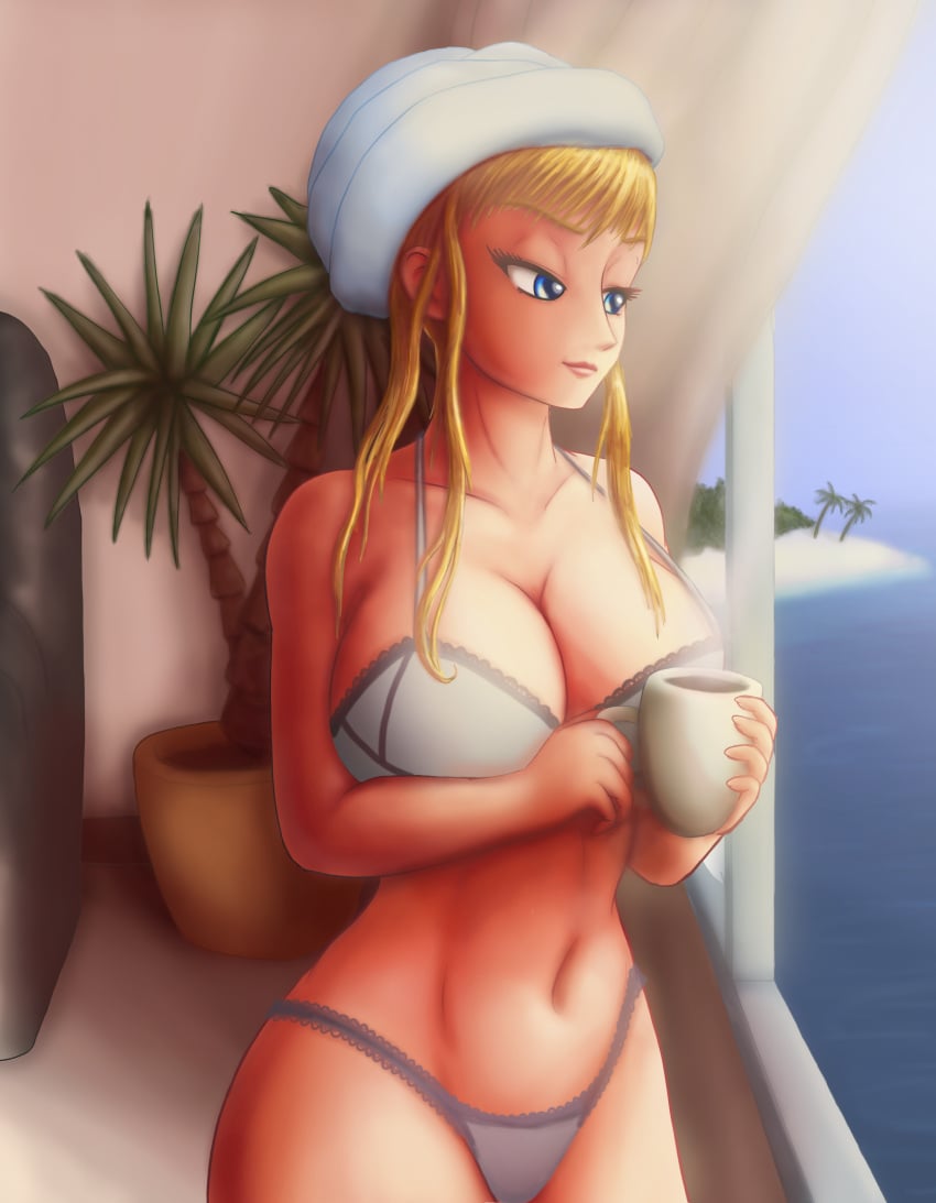 1girls alternate_breast_size beach_house blonde_hair blue_bra blue_eyes blue_lingerie blue_panties breasts casual_clothes coffee_cup detailed_background female grabbing_from_behind grabbing_object half-closed_eyes head_tuft home huge_breasts inside lingerie looking_at_viewer looking_in_window metroid morning nintendo pale-skinned_female palm_tree pink_lipstick pinup plant saf-404 saf_404 safartwoks safartworks samus_aran upper_body widescreen