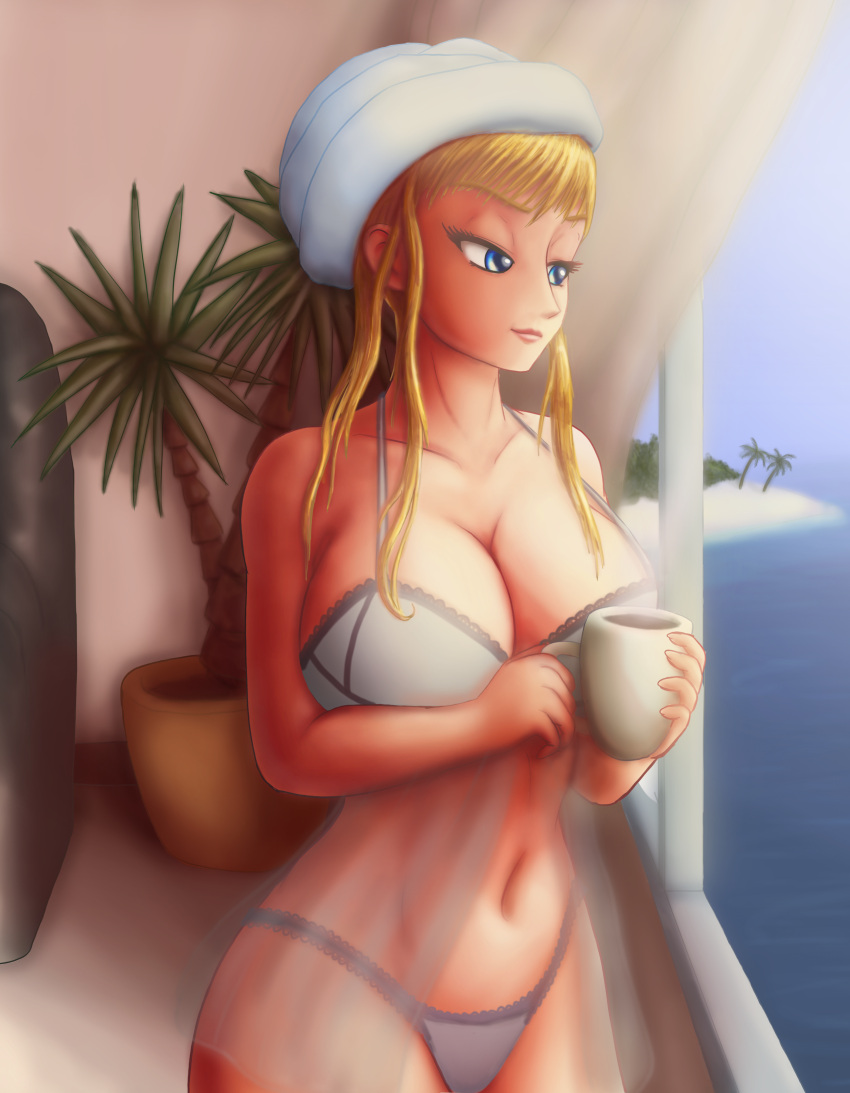 1girls alternate_breast_size beach_house blonde_hair blue_bra blue_eyes blue_lingerie blue_panties breasts clothing_request coffee_cup detailed_background female grabbing_from_behind grabbing_object half-closed_eyes head_tuft home huge_breasts inside lingerie looking_at_viewer looking_in_window metroid morning nintendo pale-skinned_female palm_tree pink_lipstick pinup plant saf-404 saf_404 safartwoks safartworks samus_aran transparent_clothing upper_body video_game_character widescreen