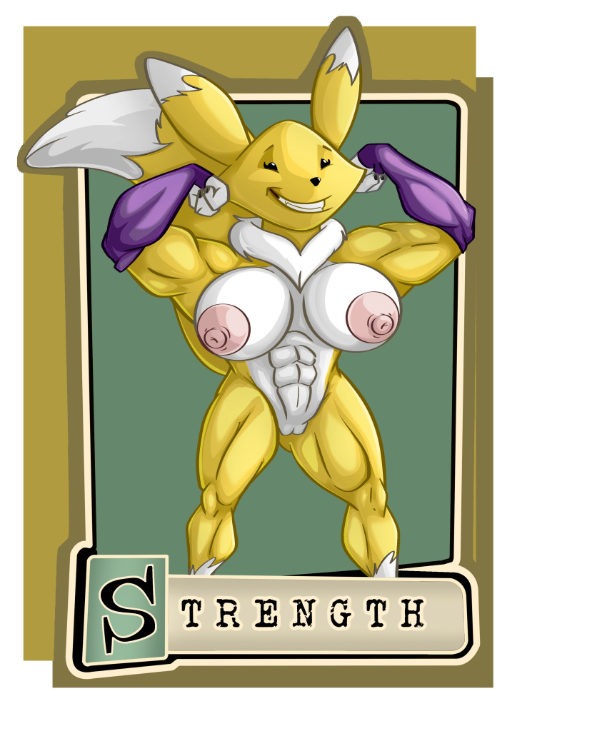 absurd_res anthro bandai_namco breasts digimon digimon_(species) el-loko english_text female genitals hi_res muscular muscular_female nipples nude pussy renamon smile solo text vault_boy