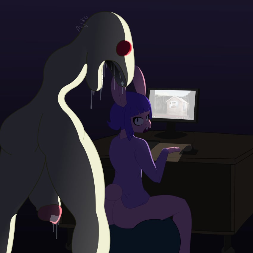 absurd_res aroused aujko being_watched blue_hair bodily_fluids clothed clothing computer computer_mouse dark_room desk dripping duo fur furniture genital_fluids genitals girly hair henry_eats hi_res humanoid lagomorph leporid looking_at_another male male/male mammal menace menacing_approach nude open_mouth pajama_shirt pajamas penis pink_body pink_fur precum precum_drip rabbit red_eyes saliva saliva_drip salivating scared_face shaded simple_background simple_coloring simple_nose sitting standing table teeth watching_video white_body white_skin