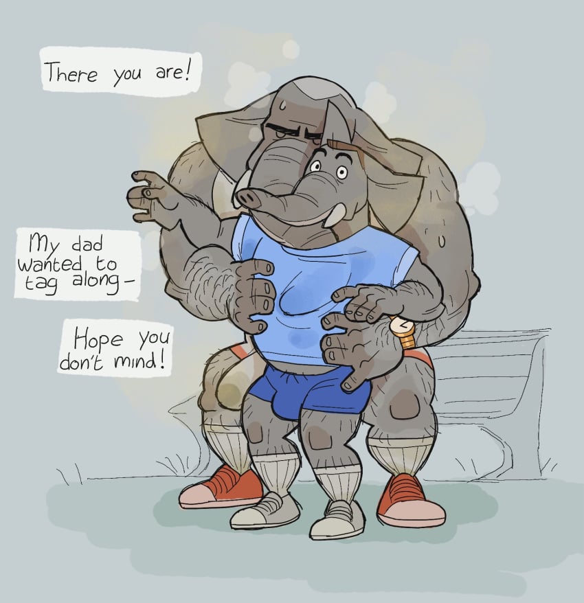 2020s 2023 anthro bench biceps blue_clothing blue_shirt blue_topwear boner bottomwear bulge bunbunny_(artist) closed_eyes clothed clothing duo elephant elephantid erection erection_under_clothing feeling_chest feeling_up flaccid furry hairy_forearms hairy_legs hi_res incest male male/male male_only mammal mature_male muscular musk musk_clouds outside park_bench proboscidean shirt shorts shoulder_hair smallsrabbit speech_bubble sweat sweating tank_top topwear wide_eyed yaoi