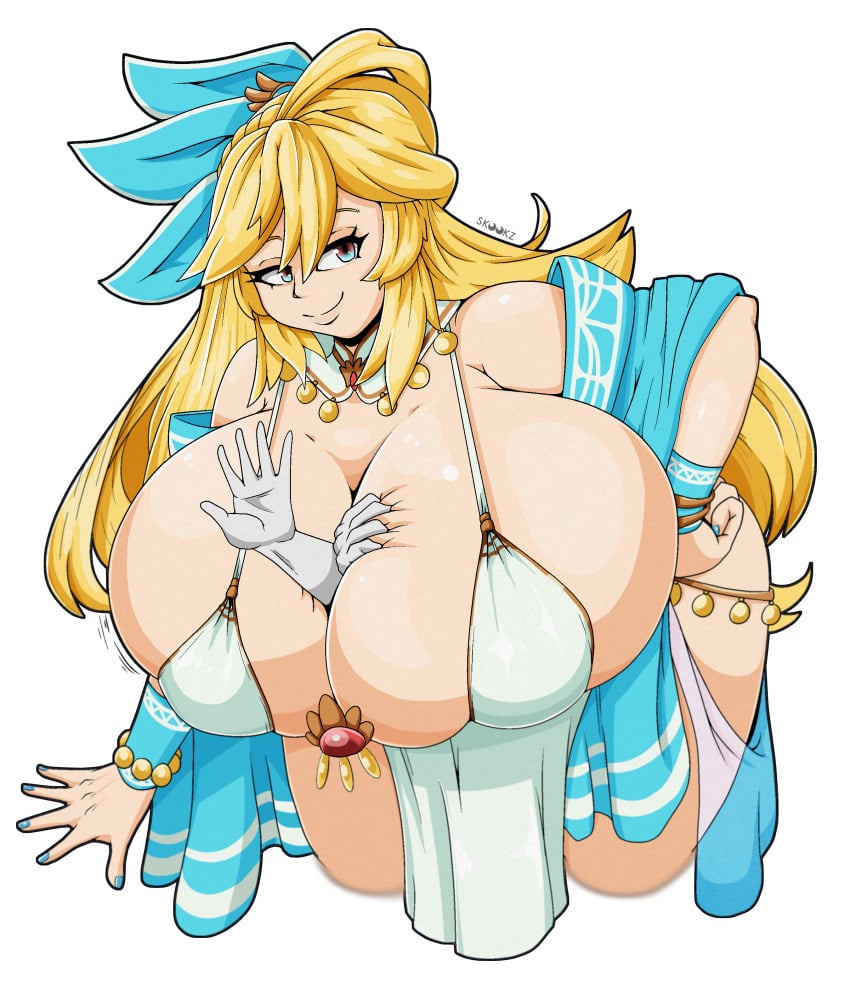 blue_nails breast_vore breasts_bigger_than_head cleavage cleavage_vore female_pred huge_breasts hyper_breasts skookz smug_face vore wide_hips