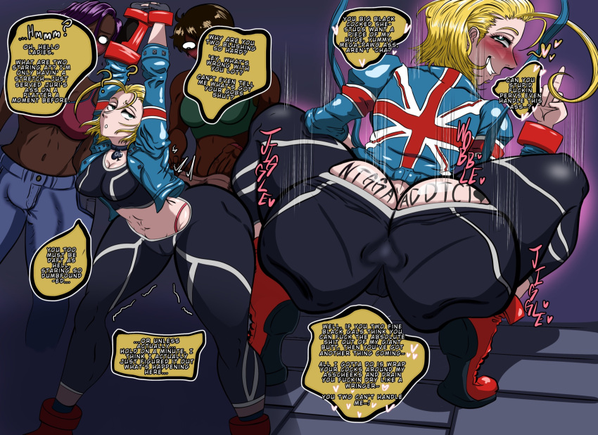 1girls 2futas ass ass_focus blonde blonde_hair blue_eyes blush blushing blushing_profusely body_writing bulge bulge_through_clothing cammy_stretch cammy_white dark-skinned_futanari dark_skin dialogue english english_text huge_ass imminent_sex interracial inviting inviting_to_sex light-skinned_female light_skin looking_back middle_finger pale-skinned_female pale_skin pawg profanity queen_of_spades raceplay slur squatting street_fighter street_fighter_6 stretching text the_n_word themarvelousfan