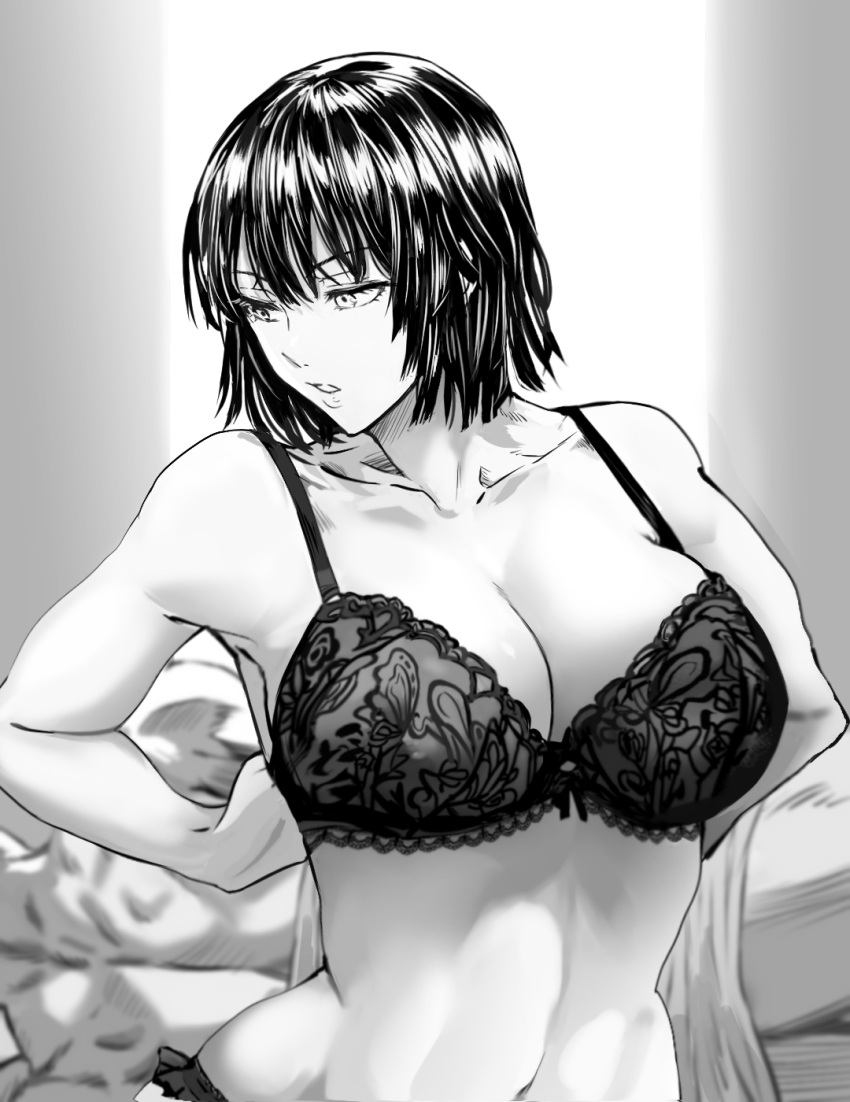 1girls bed big_breasts bra breasts busty cleavage clothed clothing curvaceous curvy curvy_body curvy_female daraz18aka female fit fit_female fringe front_view fubuki_(one-punch_man) greyscale highres hips hourglass_figure indoors large_breasts lingerie lips medium_hair midriff navel one-punch_man panties saitama short_hair toned toned_female voluptuous wide_hips