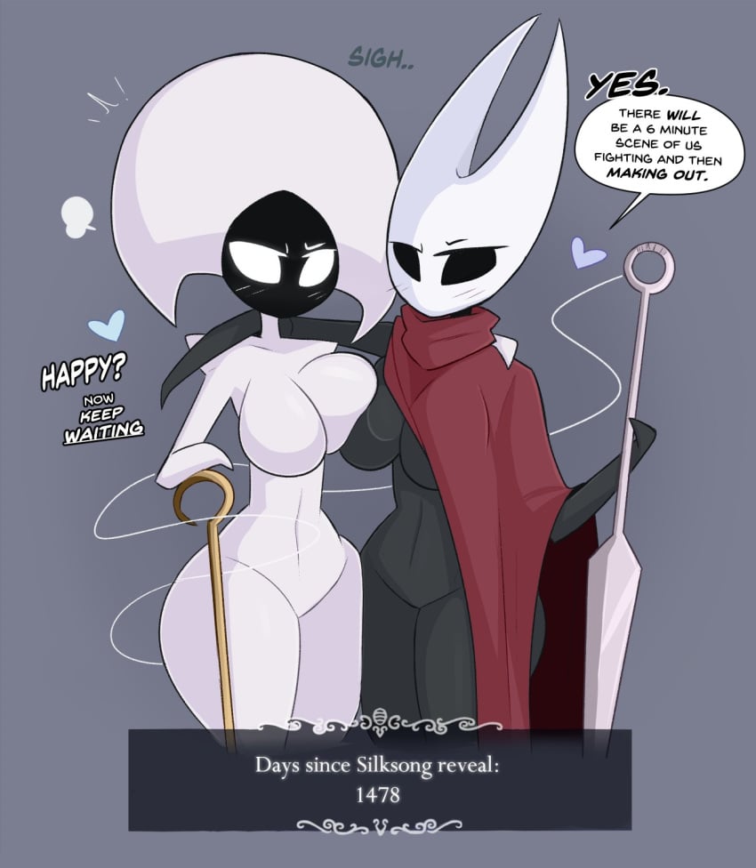 big_breasts breasts casual dialogue duo english_text female heart hollow_knight hornet_(hollow_knight) kilinah lace_(hollow_knight) outerwear silksong tagme text thick_thighs weapon wide_hips