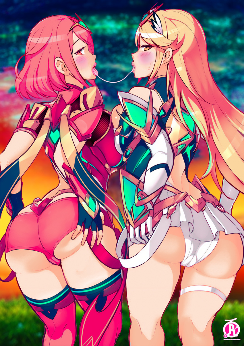 2girls big_ass big_breasts big_butt blonde_hair blush blush_lines blushing_at_viewer booty_shorts breast_press dat_ass edit edited female female_focus female_only hands_on_ass huge_ass huge_breasts huge_butt kissing large_ass large_breasts long_hair looking_at_viewer looking_back mythra nintendo panties presenting_hindquarters pyra red_eyes red_hair revolverwingstudios round_ass round_butt saliva saliva_trail seductive_eyes seductive_mouth short_hair skirt spread_ass spread_butt thighhighs tiara vermadis2x xenoblade_(series) xenoblade_chronicles_(series) xenoblade_chronicles_2 yellow_eyes yellow_hair