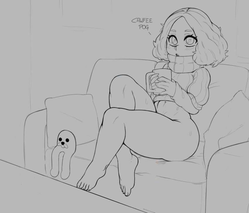 1girls coffee_mug edit feet flauschdraws haru_okumura legs on_couch pantsless persona persona_5 spurdo taut_belly thick_thighs