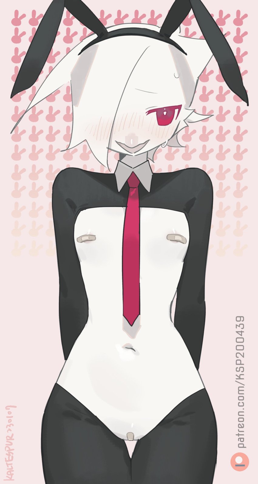 abstract_background absurd_res avian band-aid band-aid_on_genitals band-aid_on_nipple band-aid_on_pussy bandage beak bird blush blush_lines bow_tie breasts clothing costume cuffs_(clothing) fake_ears fake_rabbit_ears hair hair_over_eye hands_behind_back hi_res kaltespur navel necktie non-mammal_breasts non-mammal_navel one_eye_obstructed purple_eyes reverse_bunny_costume short_hair small_breasts white_body