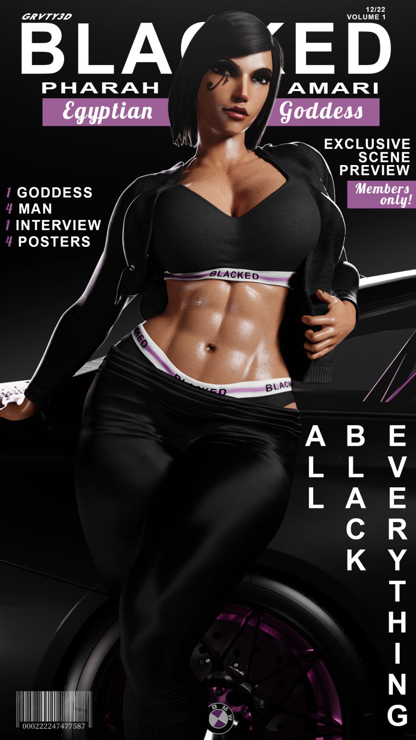 1girls 3d 3d_(artwork) abs big_breasts black_hair blacked blacked_clothing blender_(software) blizzard_entertainment breasts cleavage cloth_pull coat dark-skinned_female dark_skin egyptian egyptian_female female female_only grvty3d looking_at_viewer looking_up magazine magazine_cover middle_finger overwatch pharah pinup revealing_breasts simple_background socks solo sports_bra sportswear sweatpants