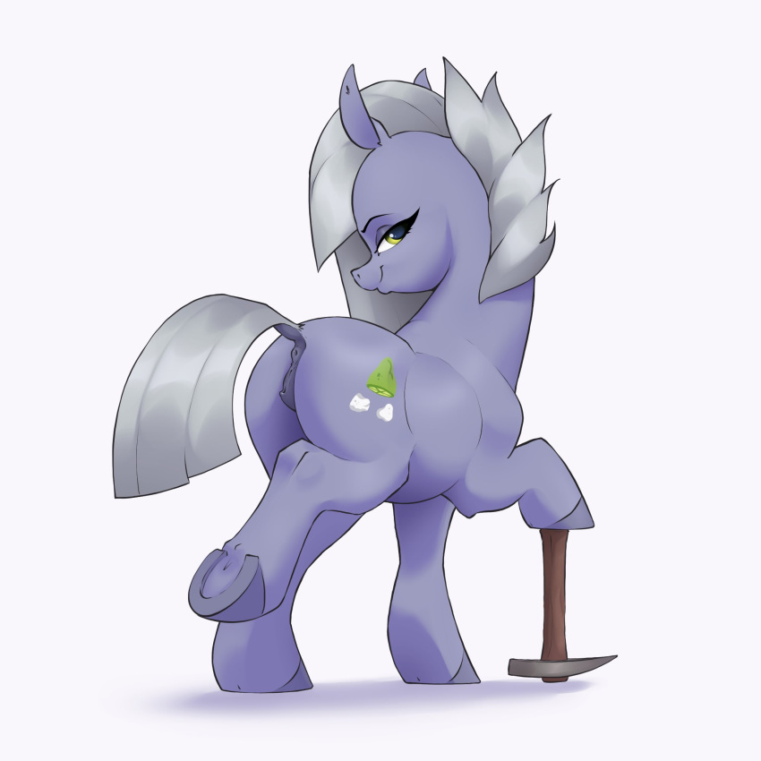 1:1 2023 anatomically_correct anus aquaticvibes ass cutie_mark digital_drawing_(artwork) digital_media_(artwork) dock earth_pony equid equine eyelashes female feral friendship_is_magic genitals grey_hair grey_mane grey_tail hair hasbro hi_res hooves horse limestone_pie_(mlp) looking_at_viewer looking_back looking_back_at_viewer mammal mane my_little_pony pickaxe pony purple_hooves pussy quadruped raised_leg simple_background smile smiling_at_viewer solo tail underhoof white_background