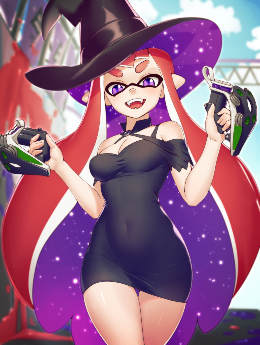 1girls absurd_res absurdres artist_name black_dress black_hat cleavage curvy dress dualies female female_only gun hi_res highres inkling inkling_girl lines_(artist) looking_at_viewer monster_girl navel open_mouth purple_eyes red_hair sharp_teeth small_breasts smile solo splatoon splatoon_(series) tentacle tentacle_hair thick_thighs watermark weapon wide_hips witch witch_costume witch_hat