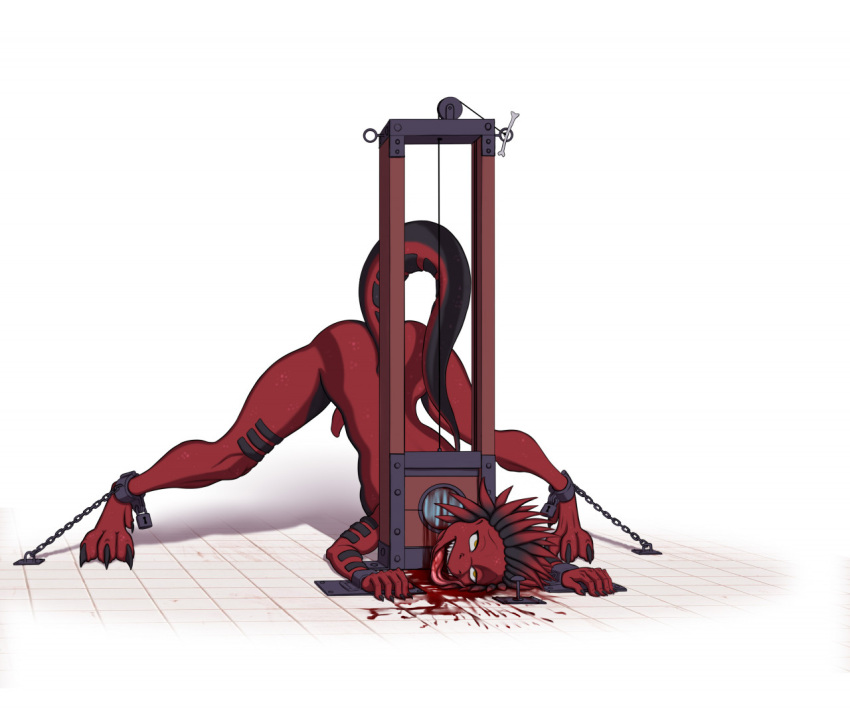 anthro blood bodily_fluids conquistabear death decapitation execution furx_(character) gore guillotine lizard male male_death red_body reptile restraints scalie simple_background snuff solo tongue yellow_eyes