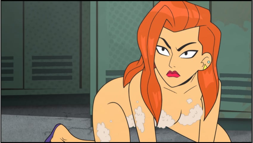 1girls accurate_art_style angry asian_female breasts casual daphne_blake daphne_blake_(velma) ear_piercing female female_only flip_flops footwear human light-skinned_female locker_room naked naked_female nude nude_female on_ground orange_hair pale_skin public red_lipstick sandals scooby-doo screencap screenshot shower_room soap soap_censor solo velma_(series)