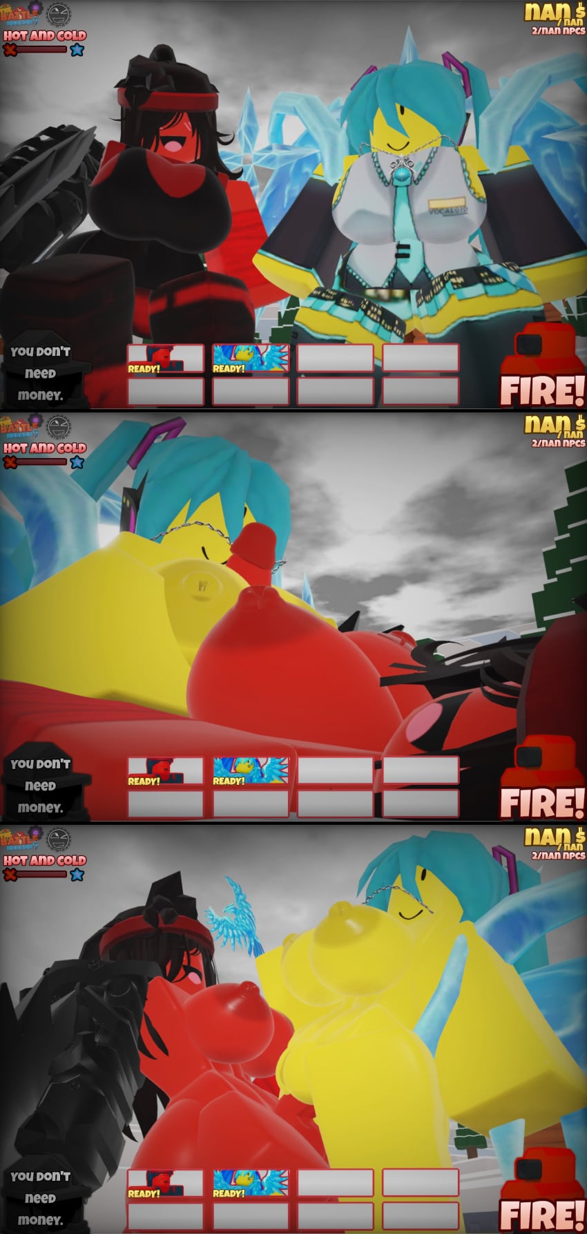 1girl1futa 2girls 3d 3d_(artwork) areolae black_hair blue_hair boobjob boobs comic cosplay edit edited fat_breasts fowlcaster_battler_(the_battle_bricks) futanari gameplay_mechanics hatsune_miku idol idol_clothes nipples protruding_nipples red_headband red_skin red_skinned_female reference_image roblox roblox_game roblox_studio robloxian sweetheart_(the_battle_bricks) tagme tagme_(character) tbbfanatic the_battle_bricks user_interface vaginal workout_clothes yellow_skin yellow_skinned_female
